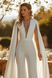Ivory V Neck Cape Sleeve Wedding Jumpsuits