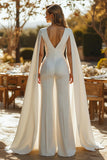 Ivory V Neck Cape Sleeve Wedding Jumpsuits