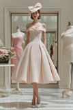 Candy Pink Cold Shoulder A Line Ruched Midi Mother Of The Bride Dress