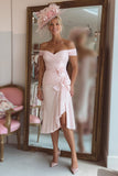 Off The Shoulder Ruched Candy Pink Mother Of The Bride Dress with Slit
