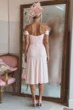 Off The Shoulder Ruched Candy Pink Mother Of The Bride Dress with Slit