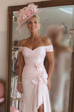 Off The Shoulder Ruched Candy Pink Mother Of The Bride Dress with Slit