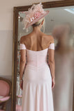 Off The Shoulder Ruched Candy Pink Mother Of The Bride Dress with Slit