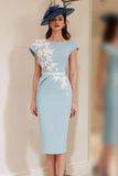 Light Blue Appliqued Sheath Midi Mother Of The Bride Dress