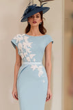 Light Blue Appliqued Sheath Midi Mother Of The Bride Dress