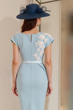Light Blue Appliqued Sheath Midi Mother Of The Bride Dress
