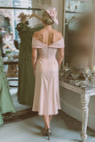 Blush Pink Off The Shoulder Sheath Satin Mother Of The Bride Dress
