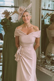 Blush Pink Off The Shoulder Sheath Satin Mother Of The Bride Dress