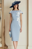 Dusty Blue Appliqued Sheath Midi Mother Of The Bride Dress with Cap Sleeves