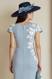 Dusty Blue Appliqued Sheath Midi Mother Of The Bride Dress with Cap Sleeves