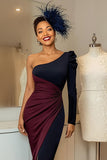 Burgundy and Navy One Shoulder Ruched Midi Mother Of The Bride Dress
