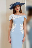 Light Blue One Shoulder Appliqued Sheath Mother Of The Bride Dress