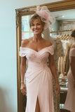 Blush Pink Sheath Off The Shoulder Mother Of The Bride Dress with Slit