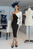 Black and White Sheath One Shoulder Midi Mother Of The Bride Dress