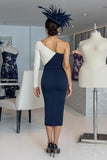 Black and White Sheath One Shoulder Midi Mother Of The Bride Dress