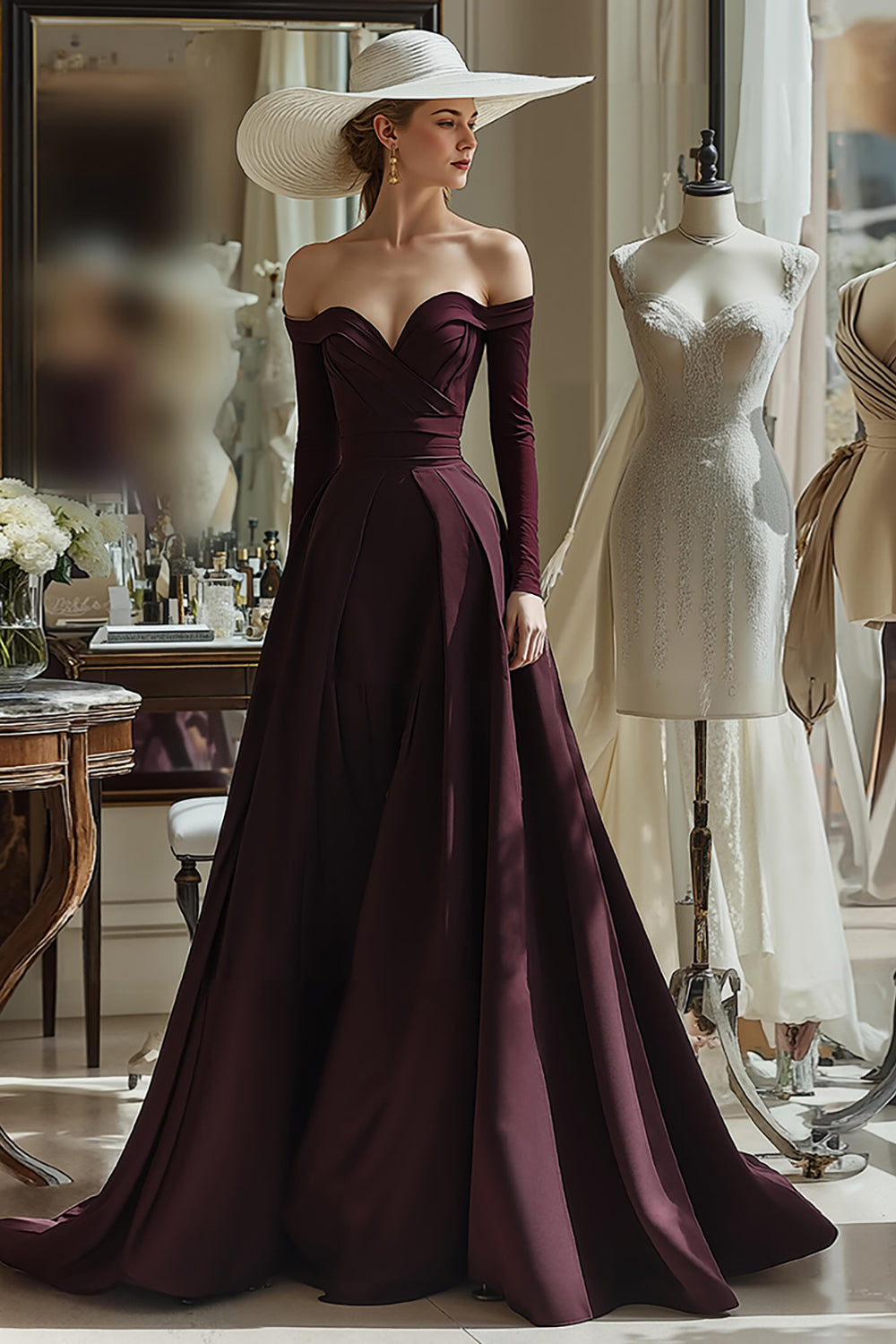 Zapaka Women Cabernet Satin Long Sleeves Mother of the Bride Dress A Line Off the Shoulder Sweetheart Wedding Guest Dress ZAPAKA UK Zapaka Women Cabernet Satin Long Sleeves Mother of the Bride Dress A Line Off the Shoulder Sweetheart Wedding Guest Dress ZAPAKA UK