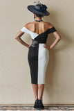 Black and White Off The Shoulder Bodycon Midi Mother Of The Bride Dress with Slit