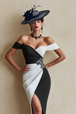 Black and White Off The Shoulder Bodycon Midi Mother Of The Bride Dress with Slit