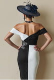 Black and White Off The Shoulder Bodycon Midi Mother Of The Bride Dress with Slit