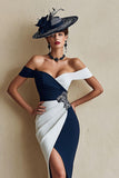 Black and White Off The Shoulder Bodycon Midi Mother Of The Bride Dress with Slit