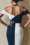 Black and White Off The Shoulder Bodycon Midi Mother Of The Bride Dress with Slit