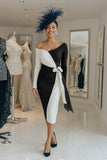 Black and White Long Sleeves Pencil Midi Mother Of The Bride Dress with Sash