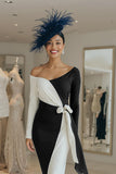 Black and White Long Sleeves Pencil Midi Mother Of The Bride Dress with Sash