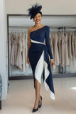 White Navy Bodycon One Shoulder Midi Mother Of The Bride Dress with Sash