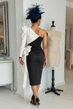 Black and White One Shoulder Bodycon Midi Mother Of The Bride Dress with Sash