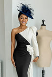 Black and White One Shoulder Bodycon Midi Mother Of The Bride Dress with Sash