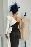 Black and White One Shoulder Bodycon Midi Mother Of The Bride Dress with Sash
