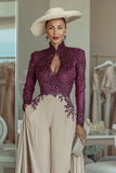 Purple Apricot High Neck Appliqued Mother of the Bride Jumpsuits with Keyhole