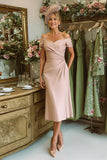 Dusty Rose Sheath Off the Shoulder Ruched Midi Mother Of The Bride Dress
