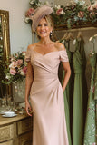 Dusty Rose Sheath Off the Shoulder Ruched Midi Mother Of The Bride Dress
