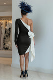 Black Bodycon One Shoulder Midi Mother Of The Bride Dress with Bow