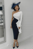 Black and White One Shoulder Bodycon Long Mother Of The Bride Dress with Sash