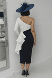 Black and White One Shoulder Bodycon Long Mother Of The Bride Dress with Sash