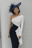 Black and White One Shoulder Bodycon Long Mother Of The Bride Dress with Sash