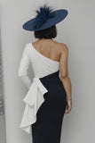 Black and White One Shoulder Bodycon Long Mother Of The Bride Dress with Sash