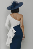 Black and White One Shoulder Bodycon Long Mother Of The Bride Dress with Sash
