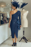 White Navy One Shoulder Bodycon Midi Mother Of The Bride Dress with Sash