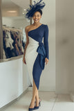 White Navy One Shoulder Bodycon Midi Mother Of The Bride Dress with Sash
