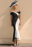 Black and White Satin Mermaid Off the Shoulder Long Mother of the Bride Dress