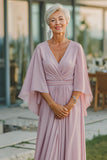 Dusty Rose Chiffon V-Neck Ruched Long Mother Of The Bride Dress with Half Sleeves