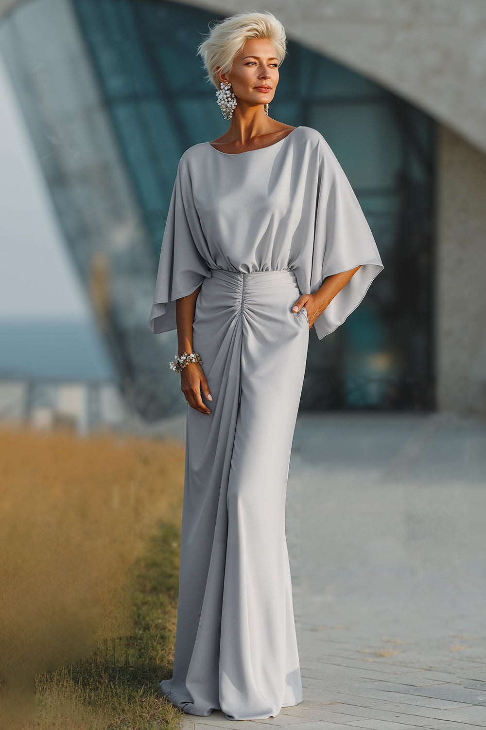 Zapaka Women Silver Long Mother Of The Bride Dress Sheath Boat Neck Ruched Wedding Guest Dress ZAPAKA UK Zapaka Women Silver Long Mother Of The Bride Dress Sheath Boat Neck Ruched Wedding Guest Dress ZAPAKA UK