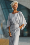 Silver Boat Neck Sheath Long Mother Of The Bride Dress