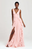 Pink A Line Ruffled Chiffon Long Bridesmaid Dress with Slit