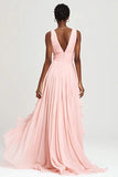 Pink A Line Ruffled Chiffon Long Bridesmaid Dress with Slit