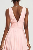 Pink A Line Ruffled Chiffon Long Bridesmaid Dress with Slit