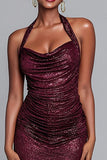 Sparkly Burgundy Halter Ruched Mermaid Long Formal Dress